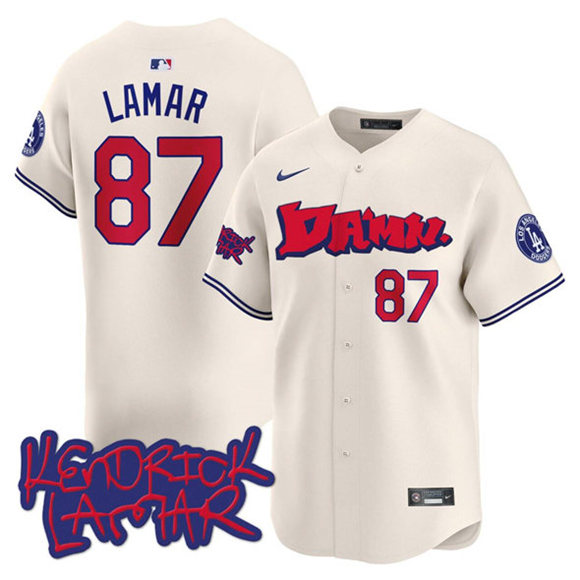 Men's Los Angeles Dodgers #87 Kendrick Lamar Cream Limited Stitched Baseball Jersey Men's Los Angeles Dodgers #87 Kendrick Lamar Cream Limited Stitched Baseball Jersey